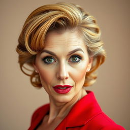 A stunning 50-year-old woman, dressed in a vibrant red outfit, stands directly facing the camera