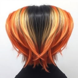 A hairstyle featuring hair that transitions from black at the roots to blonde in the middle sections, culminating in a vibrant orange at the tips