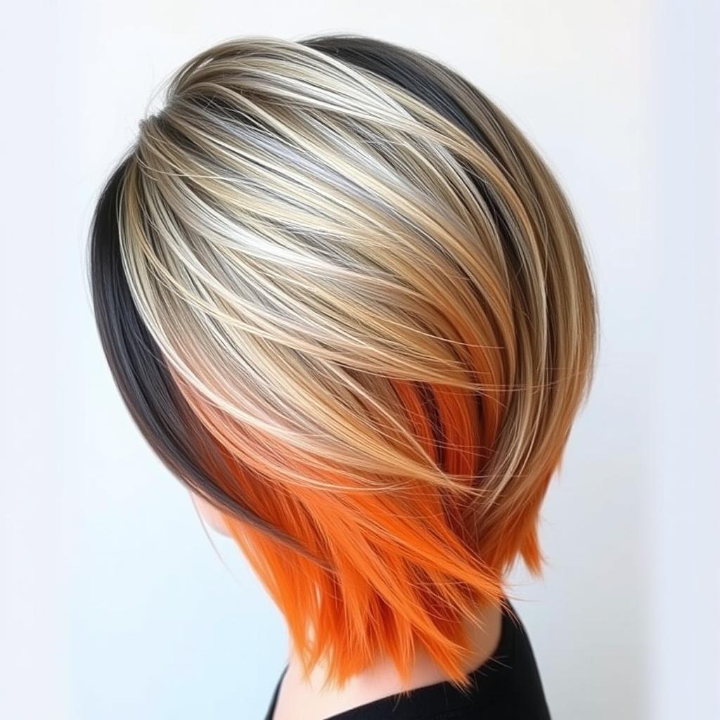 A hairstyle featuring hair that transitions from black at the roots to blonde in the middle sections, culminating in a vibrant orange at the tips