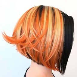 A hairstyle featuring hair that transitions from black at the roots to blonde in the middle sections, culminating in a vibrant orange at the tips