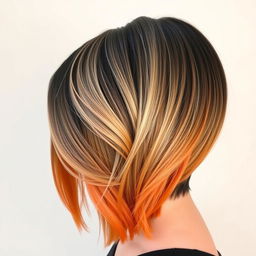 A hairstyle featuring hair that transitions from black at the roots to blonde in the middle sections, culminating in a vibrant orange at the tips