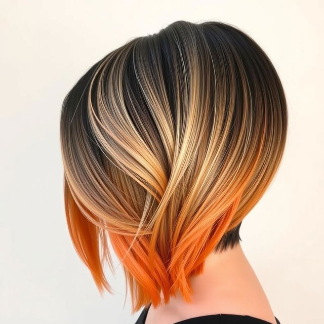 A hairstyle featuring hair that transitions from black at the roots to blonde in the middle sections, culminating in a vibrant orange at the tips