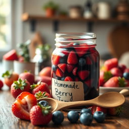 A beautifully arranged table scene featuring a glass jar of vibrant, homemade jam filled with fresh berries like strawberries, raspberries, and blueberries, glistening in the light