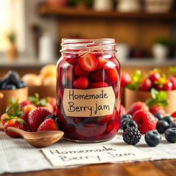 A beautifully arranged table scene featuring a glass jar of vibrant, homemade jam filled with fresh berries like strawberries, raspberries, and blueberries, glistening in the light