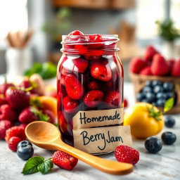 A beautifully arranged table scene featuring a glass jar of vibrant, homemade jam filled with fresh berries like strawberries, raspberries, and blueberries, glistening in the light