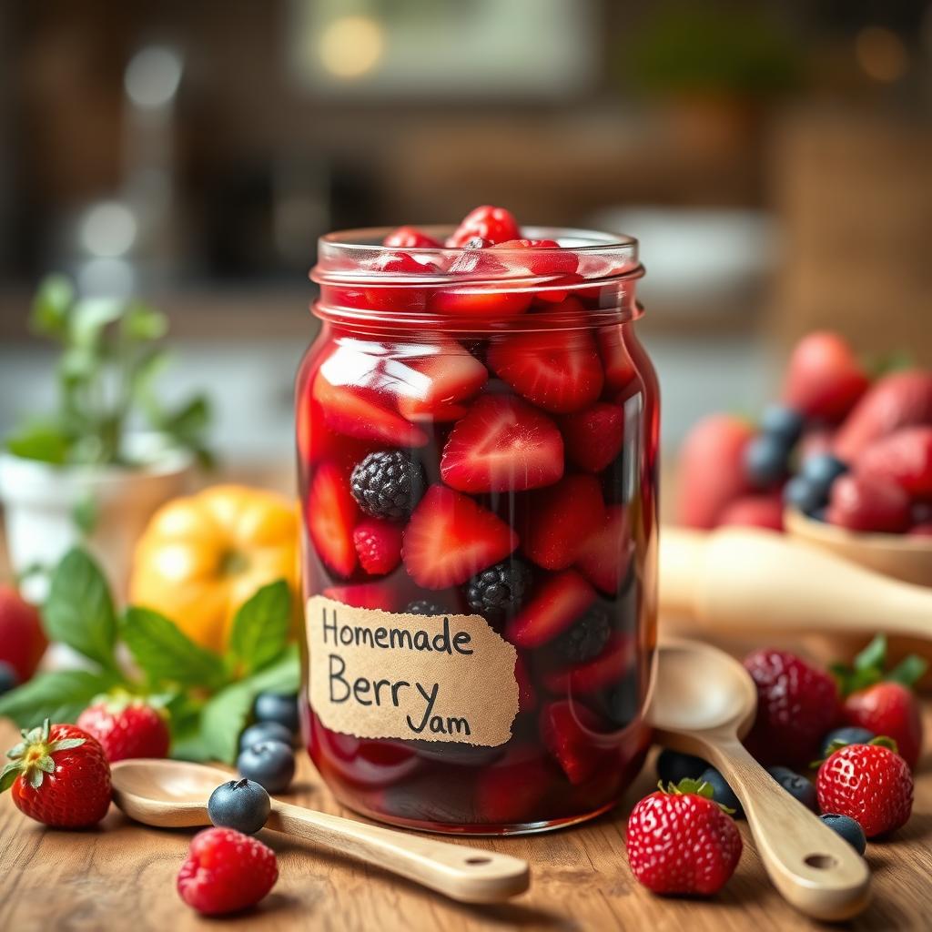 A beautifully arranged table scene featuring a glass jar of vibrant, homemade jam filled with fresh berries like strawberries, raspberries, and blueberries, glistening in the light
