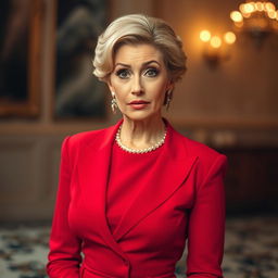 A beautiful 50-year-old woman, elegantly dressed in a striking red outfit, stands facing the camera