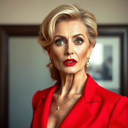 A beautiful 50-year-old woman, elegantly dressed in a striking red outfit, stands facing the camera