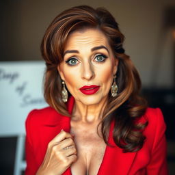 A beautiful 50-year-old woman, elegantly dressed in a striking red outfit, stands facing the camera