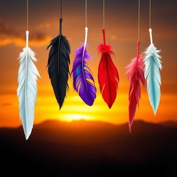 A captivating scene featuring six distinct feathers floating down from the sky, each one showcasing a unique color: pure white, deep black, rich violet/purple, bright blue, bold red, and soft mint green
