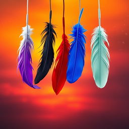 A captivating scene featuring six distinct feathers floating down from the sky, each one showcasing a unique color: pure white, deep black, rich violet/purple, bright blue, bold red, and soft mint green
