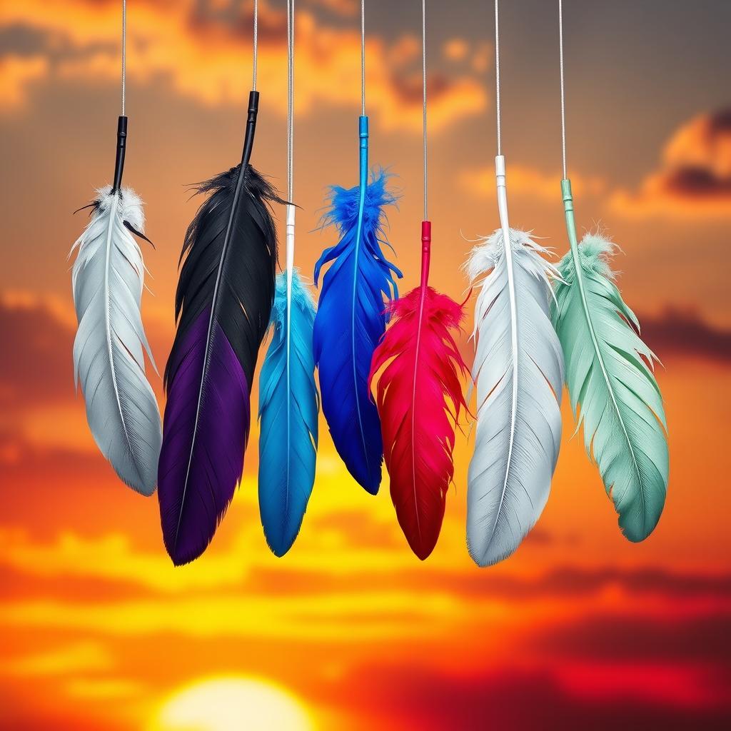 A captivating scene featuring six distinct feathers floating down from the sky, each one showcasing a unique color: pure white, deep black, rich violet/purple, bright blue, bold red, and soft mint green
