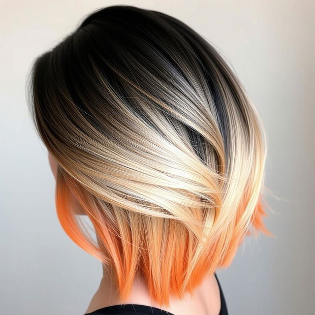 A beautiful hairstyle featuring black roots that gradually transition into a stunning blonde, ending in vibrant orange tips