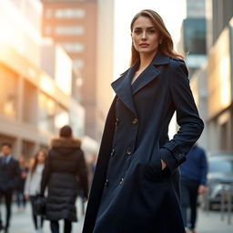 A fashionable person standing in an urban environment, wearing a stylish coat