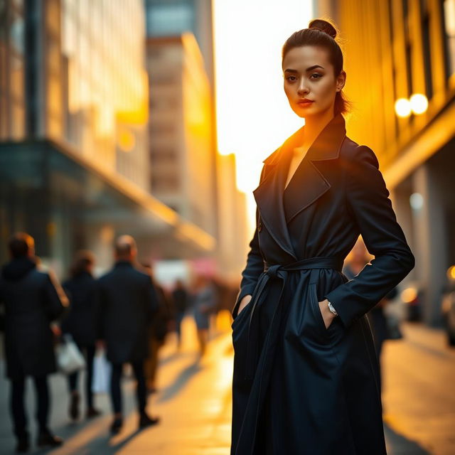 A fashionable person standing in an urban environment, wearing a stylish coat