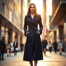 A fashionable person standing in an urban environment, wearing a stylish coat