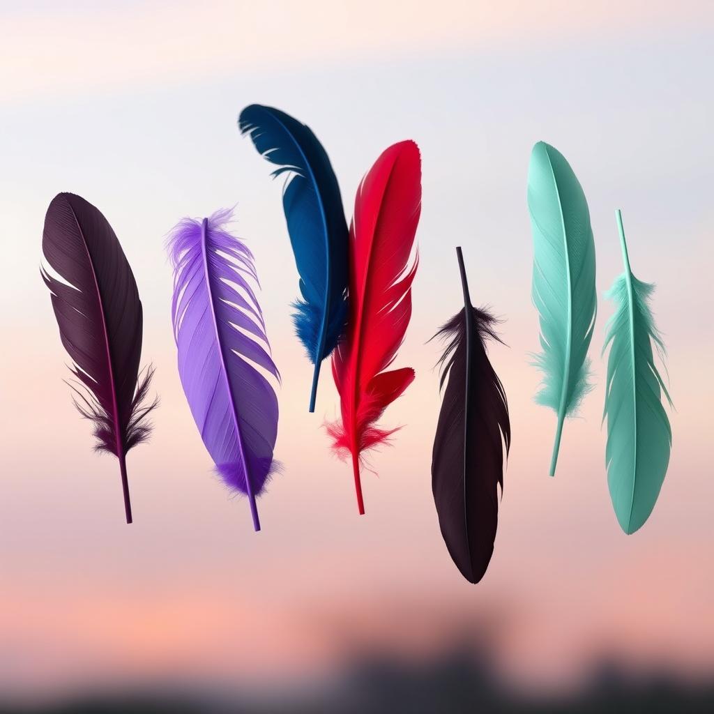 Six feathers gently floating in mid-air, each adorned in a distinct color: white, black, violet/purple, blue, red, and mint green