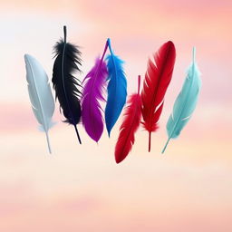 Six feathers gently floating in mid-air, each adorned in a distinct color: white, black, violet/purple, blue, red, and mint green