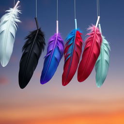 Six feathers gently floating in mid-air, each adorned in a distinct color: white, black, violet/purple, blue, red, and mint green