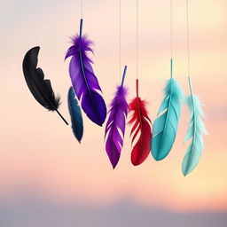 Six feathers gently floating in mid-air, each adorned in a distinct color: white, black, violet/purple, blue, red, and mint green