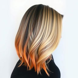 A hairstyle featuring hair that starts off black at the roots, transitioning to blonde in the middle, and then fading into orange at the tips