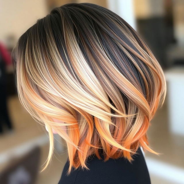 A hairstyle featuring hair that starts off black at the roots, transitioning to blonde in the middle, and then fading into orange at the tips