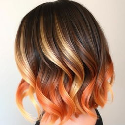 A hairstyle featuring hair that starts off black at the roots, transitioning to blonde in the middle, and then fading into orange at the tips
