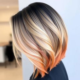 A hairstyle featuring hair that starts off black at the roots, transitioning to blonde in the middle, and then fading into orange at the tips