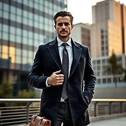 A sophisticated businessman standing confidently in an urban setting, wearing a tailored dark charcoal gray coat