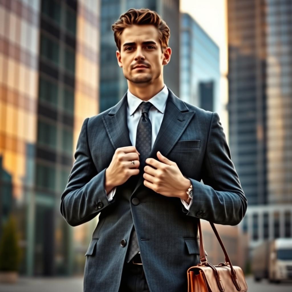 A sophisticated businessman standing confidently in an urban setting, wearing a tailored dark charcoal gray coat