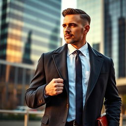 A sophisticated businessman standing confidently in an urban setting, wearing a tailored dark charcoal gray coat