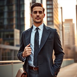 A sophisticated businessman standing confidently in an urban setting, wearing a tailored dark charcoal gray coat