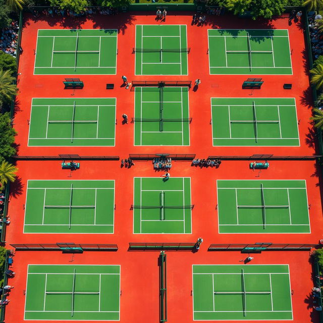 A vibrant aerial view of six tennis courts arranged in two parallel rows of three
