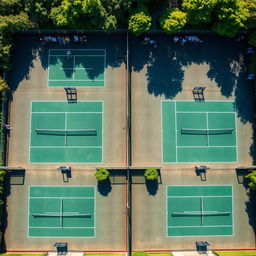 A vibrant aerial view of six tennis courts arranged in two parallel rows of three