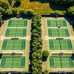 A vibrant aerial view of six tennis courts arranged in two parallel rows of three