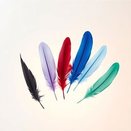 Six feathers delicately floating together in mid-air, each featuring a distinct color: white, black, violet/purple, blue, red, and mint green