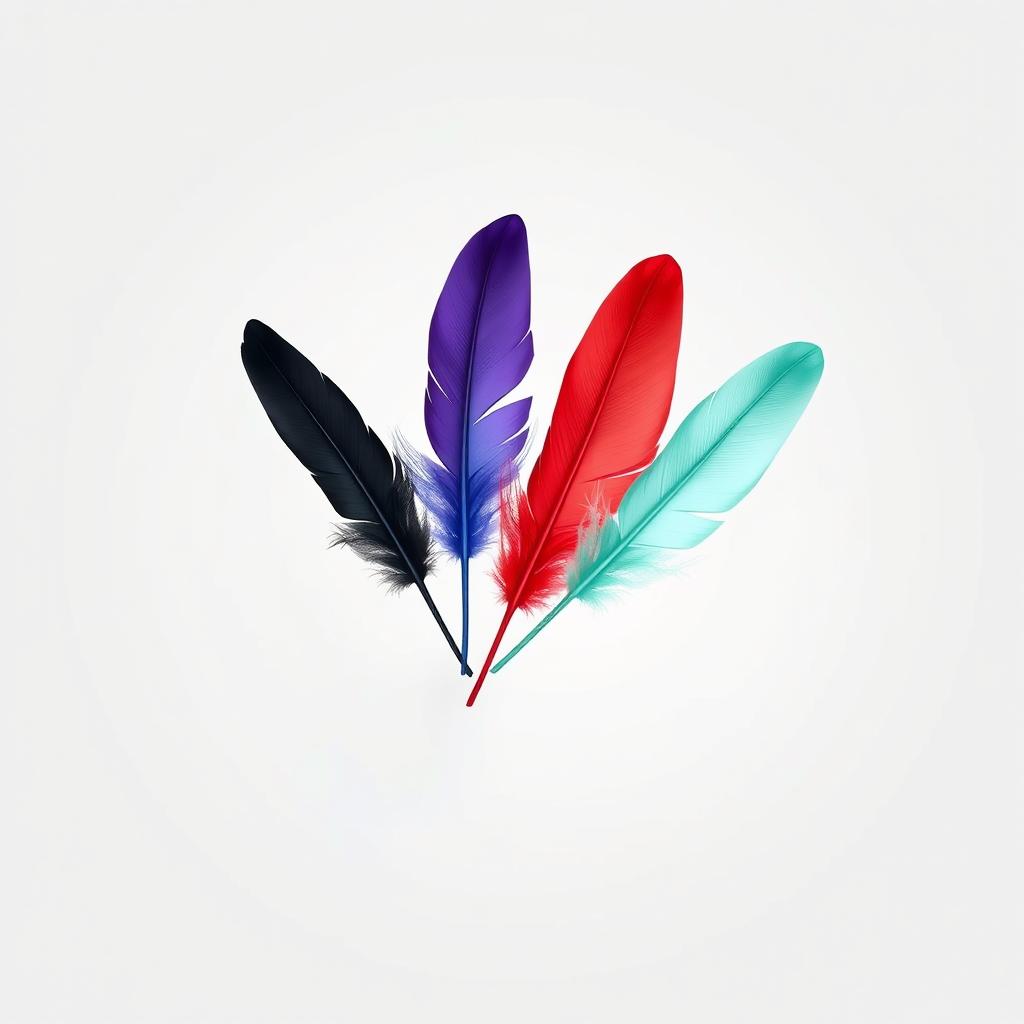 Six feathers delicately floating together in mid-air, each featuring a distinct color: white, black, violet/purple, blue, red, and mint green