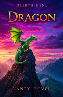 A captivating book cover design for a fantasy novel featuring a majestic dragon perched atop a rugged mountain peak