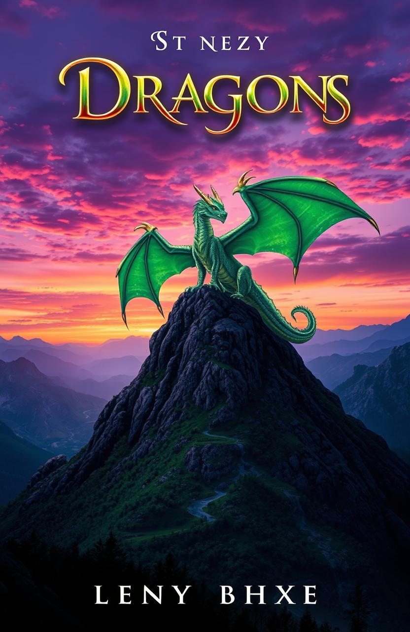 A captivating book cover design for a fantasy novel featuring a majestic dragon perched atop a rugged mountain peak
