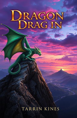A captivating book cover design for a fantasy novel featuring a majestic dragon perched atop a rugged mountain peak