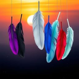 A mesmerizing scene featuring eight distinct feathers gracefully floating down from the sky