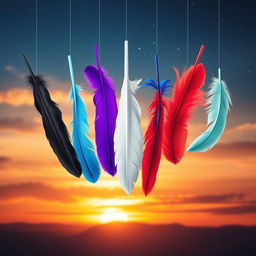 A mesmerizing scene featuring eight distinct feathers gracefully floating down from the sky
