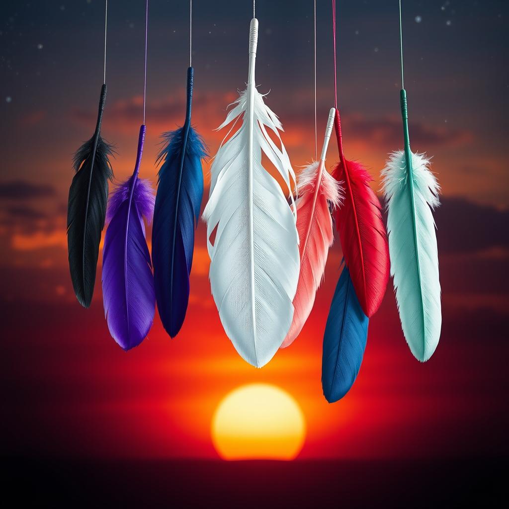 A mesmerizing scene featuring eight distinct feathers gracefully floating down from the sky