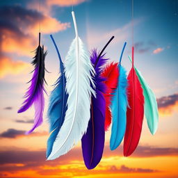 A mesmerizing scene featuring eight distinct feathers gracefully floating down from the sky