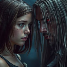 A teenage girl with brown hair, green eyes, and freckles looking directly at a man who is a vampire