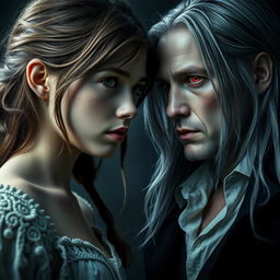 A teenage girl with brown hair, green eyes, and freckles looking directly at a man who is a vampire