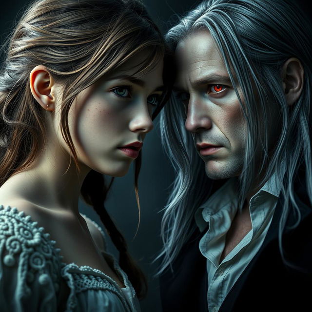 A teenage girl with brown hair, green eyes, and freckles looking directly at a man who is a vampire