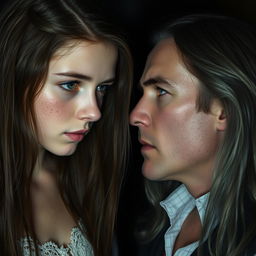 A teenage girl with brown hair, green eyes, and freckles looking directly at a man who is a vampire