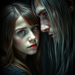A teenage girl with brown hair, green eyes, and freckles looking directly at a man who is a vampire