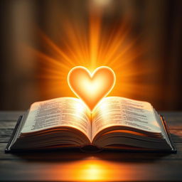 A glowing heart radiating vibrant light at the center of an artistic thumbnail design, accompanied by an open Bible resting beside it, showcasing the pages brightly illuminated